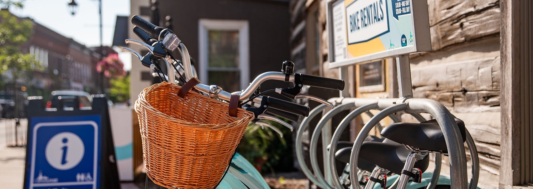 Images of bikes with baskets lined up