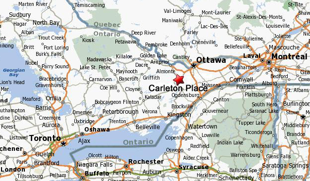 map showing Carleton Place in relation to nearby towns and cities