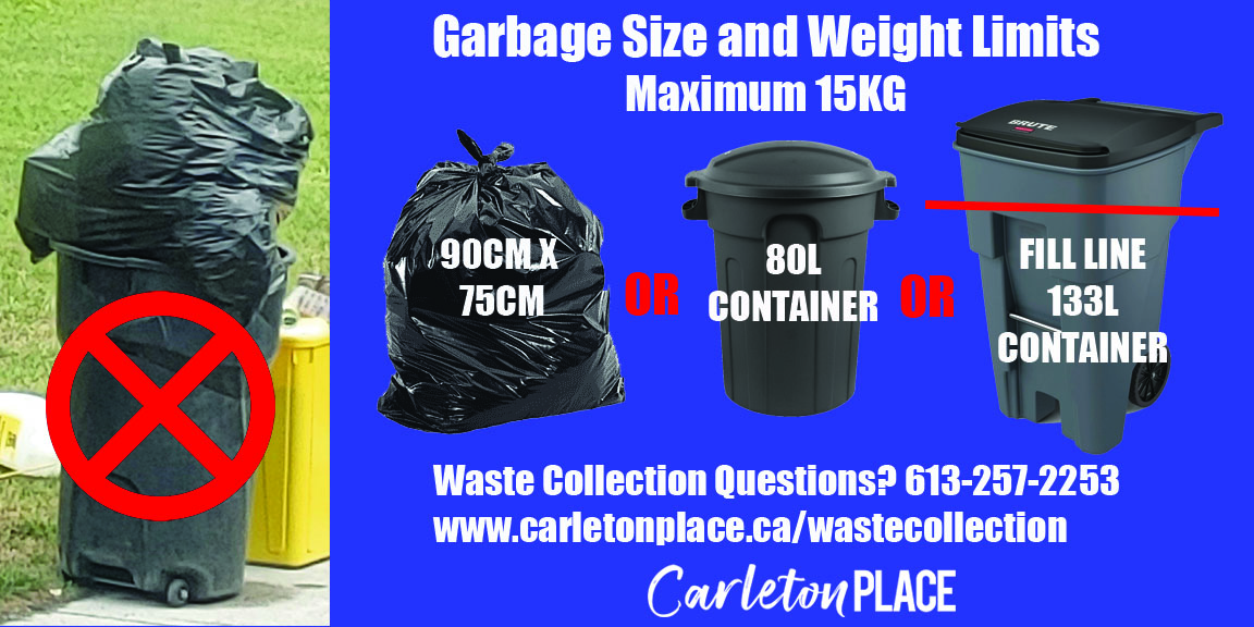 Image showing weight and size limits for garbage collection (Max 15kg or 80L container)