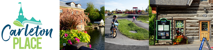 A banner with 4 images, From left to right, Carleton Place Logo, flowers overlooking water, a child riding a bicycle, and the Information Centre